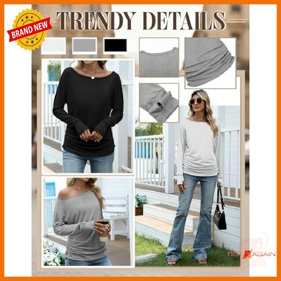 Long Sleeve Off Shoulder Tunic Top with Thumbholes, Loose Fit, 3-Pack - Picture 6 of 8